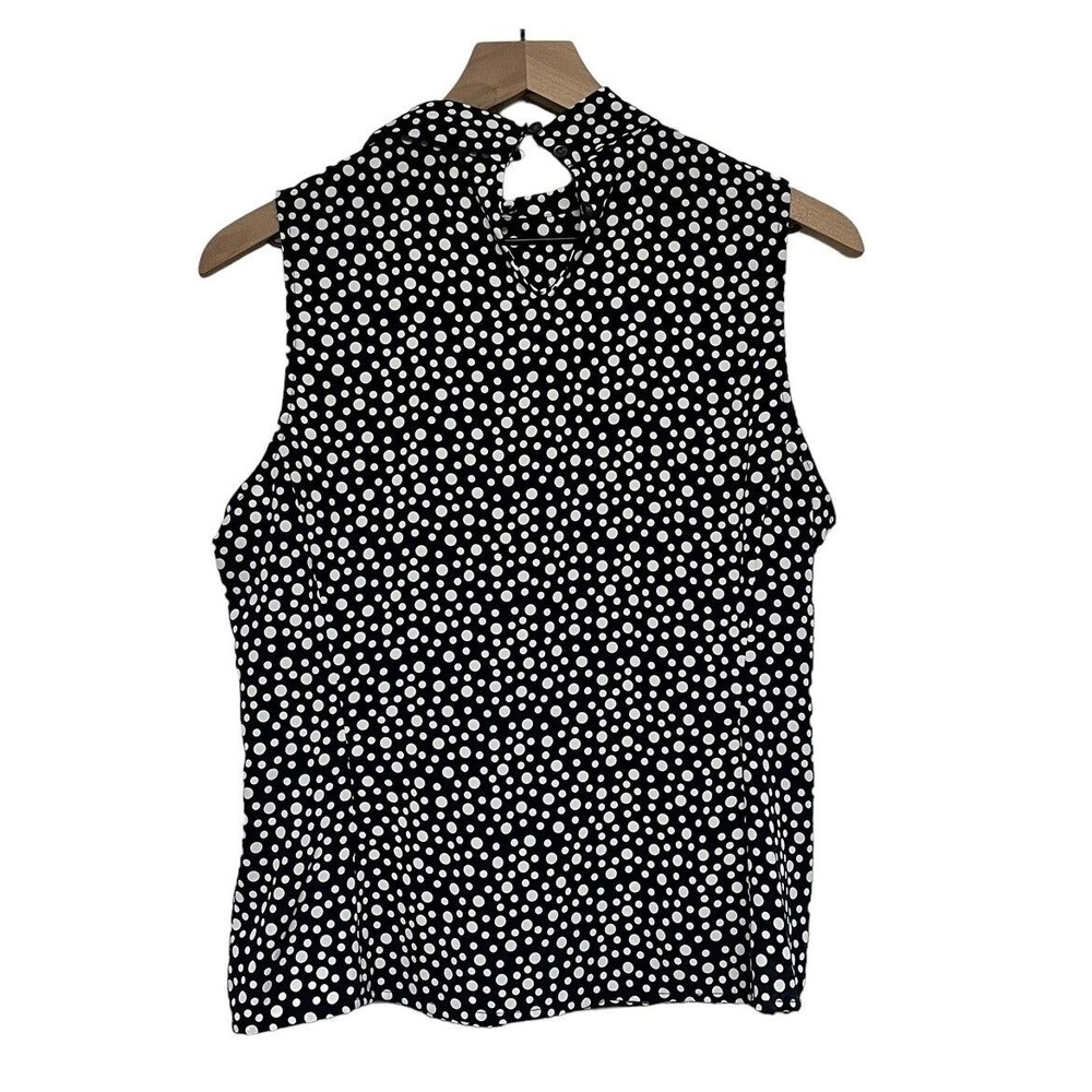 Liz Claiborne Womens Sleeveless Blouse Petite Sz 12 Black White Dotted Tie Neck - Picture 2 of 8